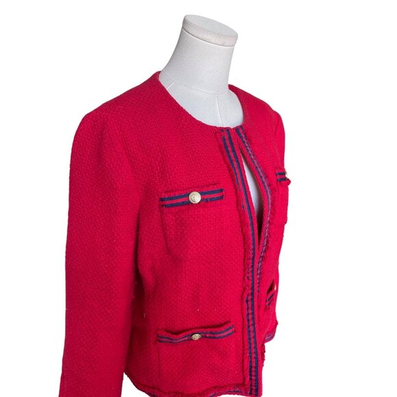 Talbots Tweed Red Blazer Size 14 Cotton Navy Gold Buttons Office Career Business - Picture 2 of 8